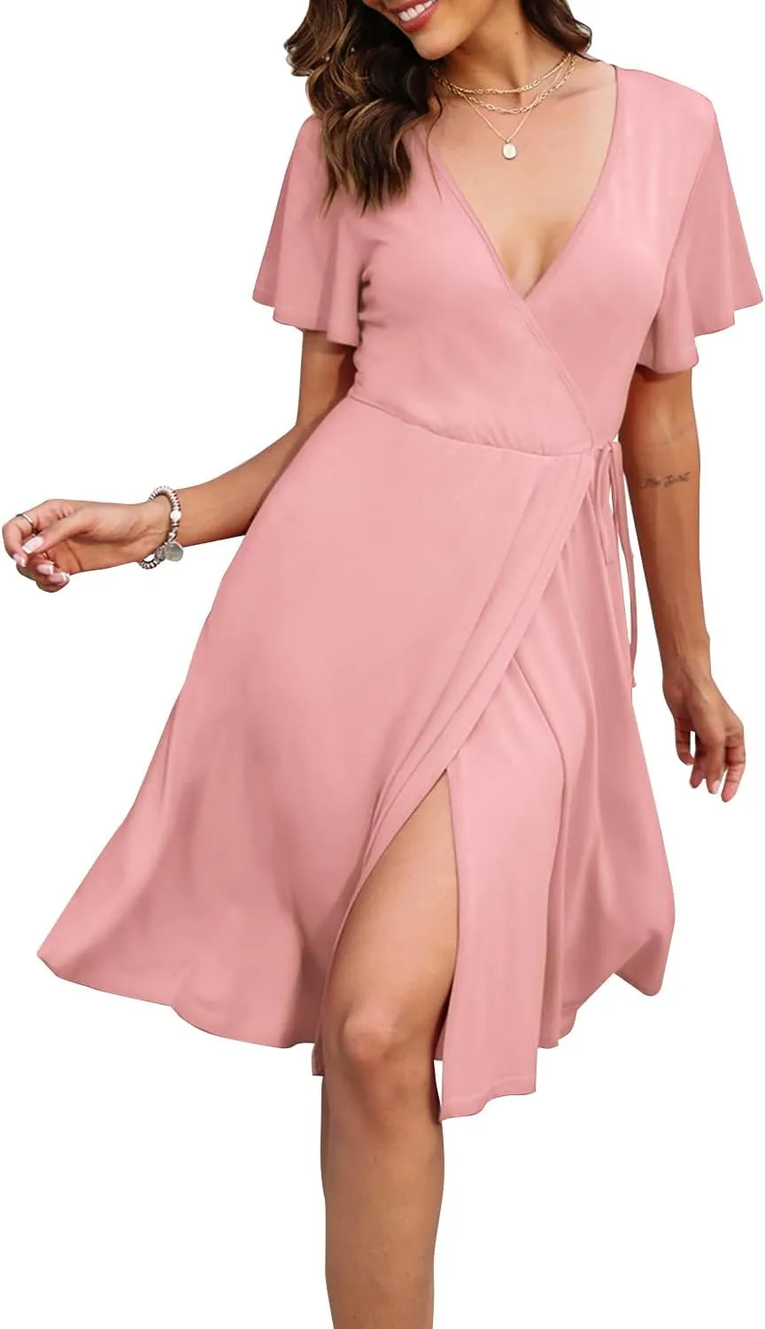Women's Dress Casual Short Sleeve V-Neck Floral Party Dress with Pockets Split Elastic Waist Tie Mini Dresses