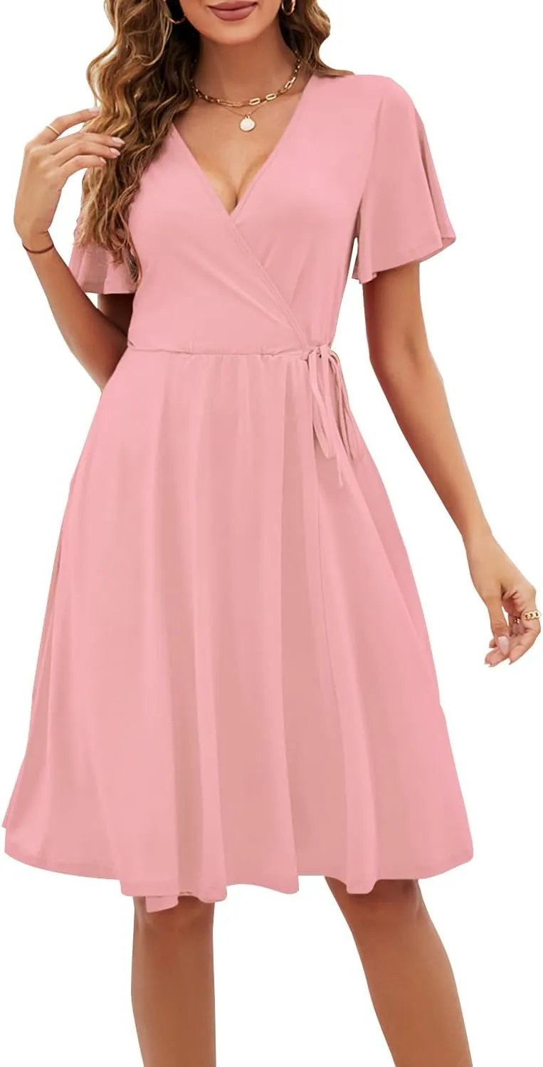 Women's Dress Casual Short Sleeve V-Neck Floral Party Dress with Pockets Split Elastic Waist Tie Mini Dresses