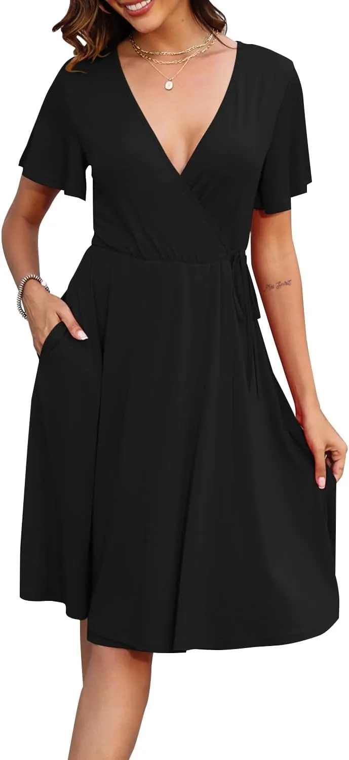 Women's Dress Casual Short Sleeve V-Neck Floral Party Dress with Pockets Split Elastic Waist Tie Mini Dresses