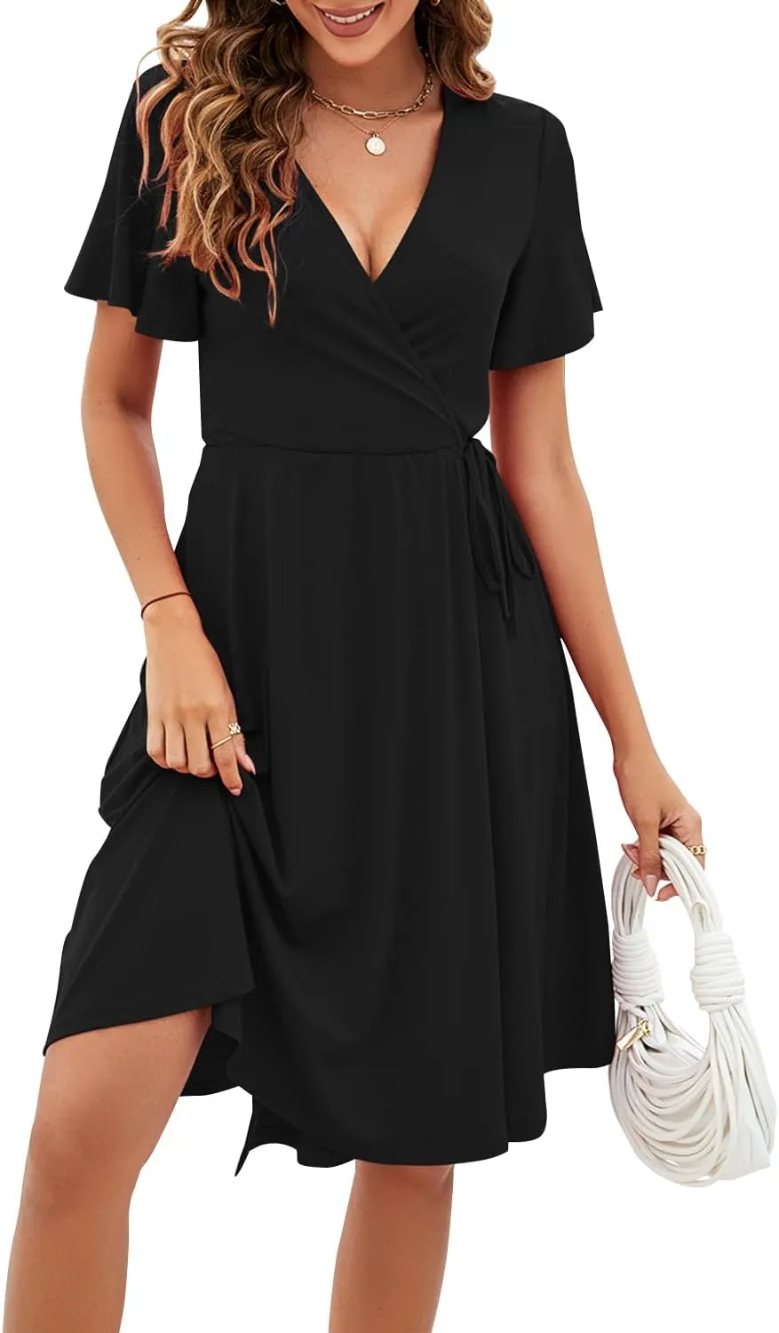 Women's Dress Casual Short Sleeve V-Neck Floral Party Dress with Pockets Split Elastic Waist Tie Mini Dresses