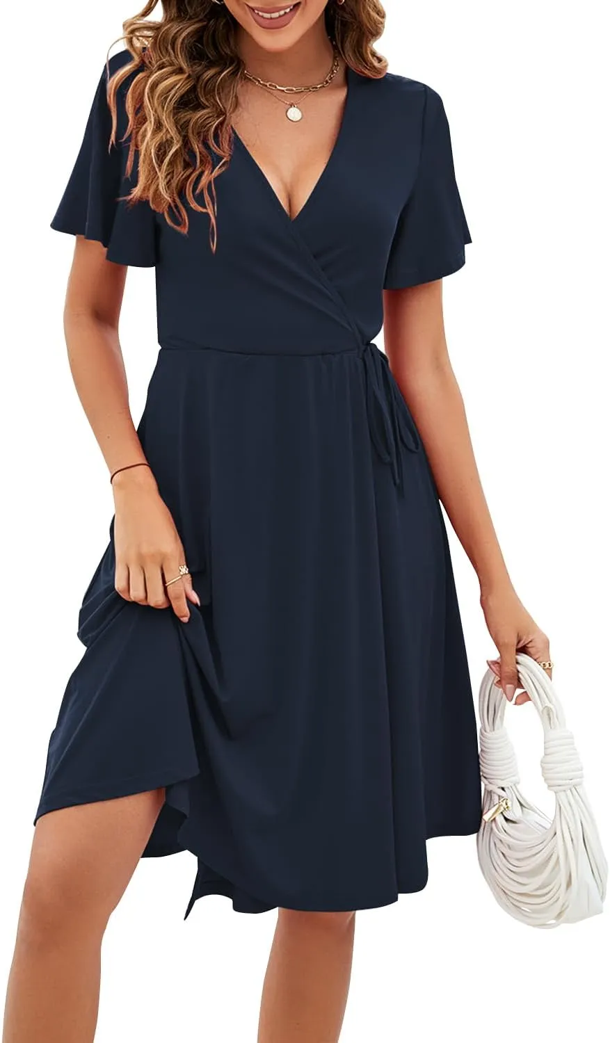 Women's Dress Casual Short Sleeve V-Neck Floral Party Dress with Pockets Split Elastic Waist Tie Mini Dresses