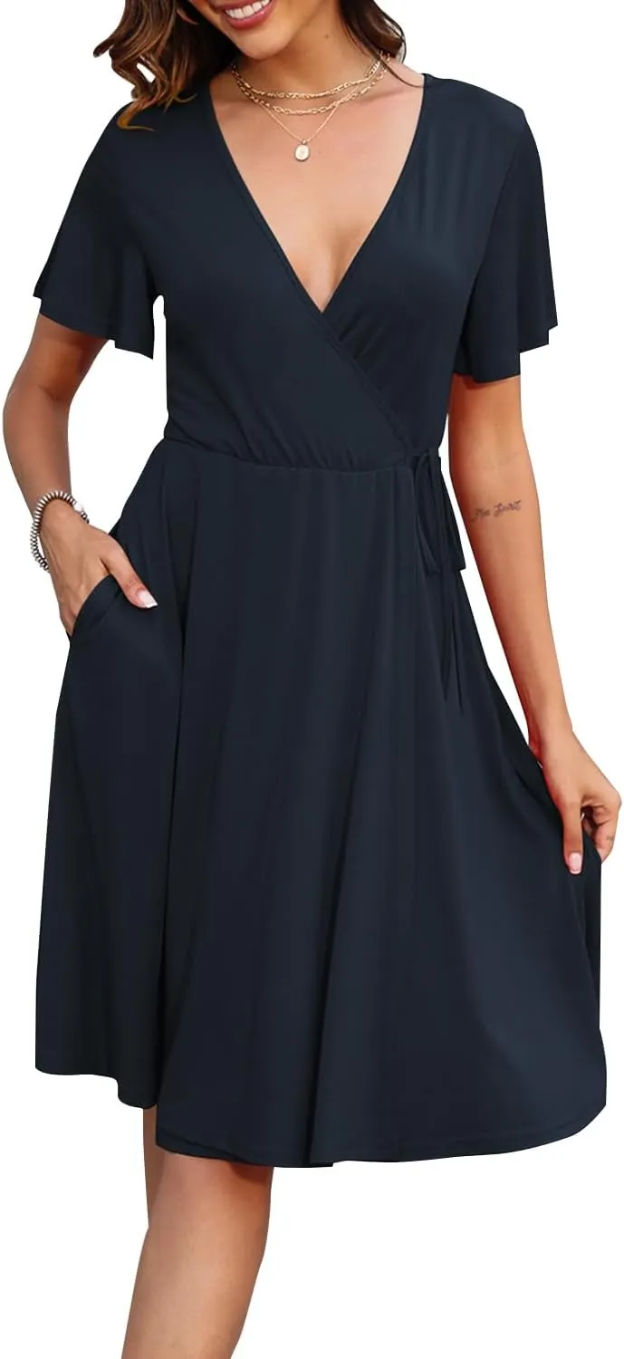 Women's Dress Casual Short Sleeve V-Neck Floral Party Dress with Pockets Split Elastic Waist Tie Mini Dresses