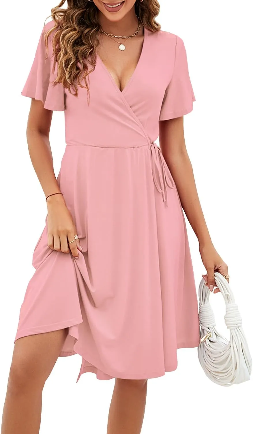 Women's Dress Casual Short Sleeve V-Neck Floral Party Dress with Pockets Split Elastic Waist Tie Mini Dresses
