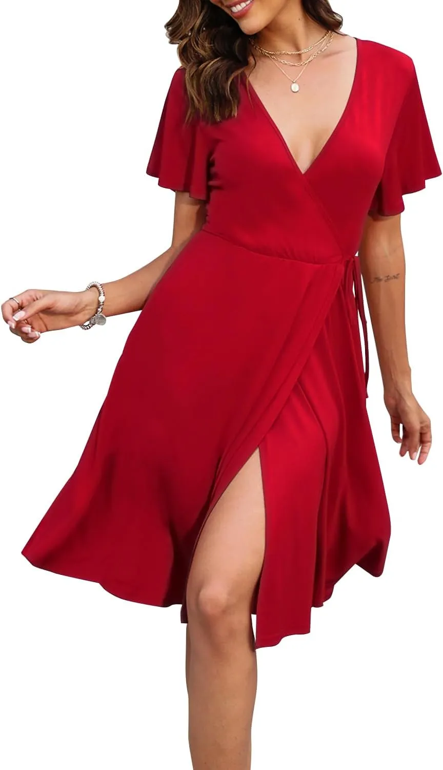 Women's Dress Casual Short Sleeve V-Neck Floral Party Dress with Pockets Split Elastic Waist Tie Mini Dresses