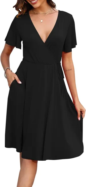 Women's Dress Casual Short Sleeve V-Neck Floral Party Dress with Pockets Split Elastic Waist Tie Mini Dresses