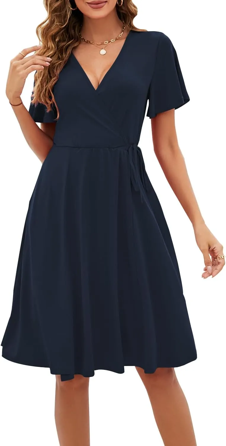 Women's Dress Casual Short Sleeve V-Neck Floral Party Dress with Pockets Split Elastic Waist Tie Mini Dresses