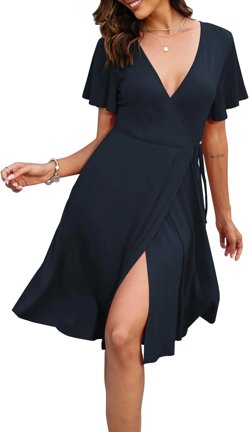 Women's Dress Casual Short Sleeve V-Neck Floral Party Dress with Pockets Split Elastic Waist Tie Mini Dresses