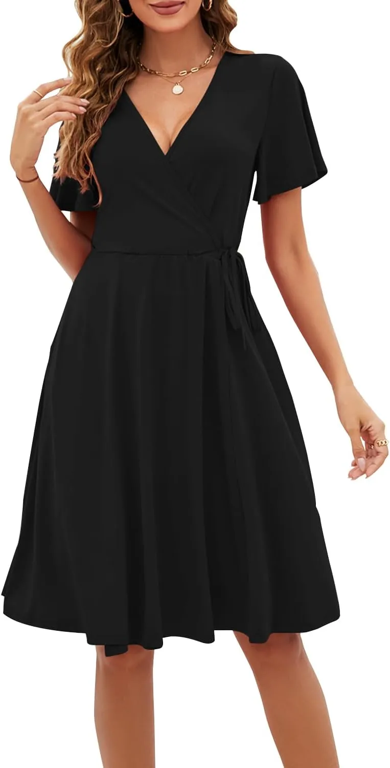 Women's Dress Casual Short Sleeve V-Neck Floral Party Dress with Pockets Split Elastic Waist Tie Mini Dresses