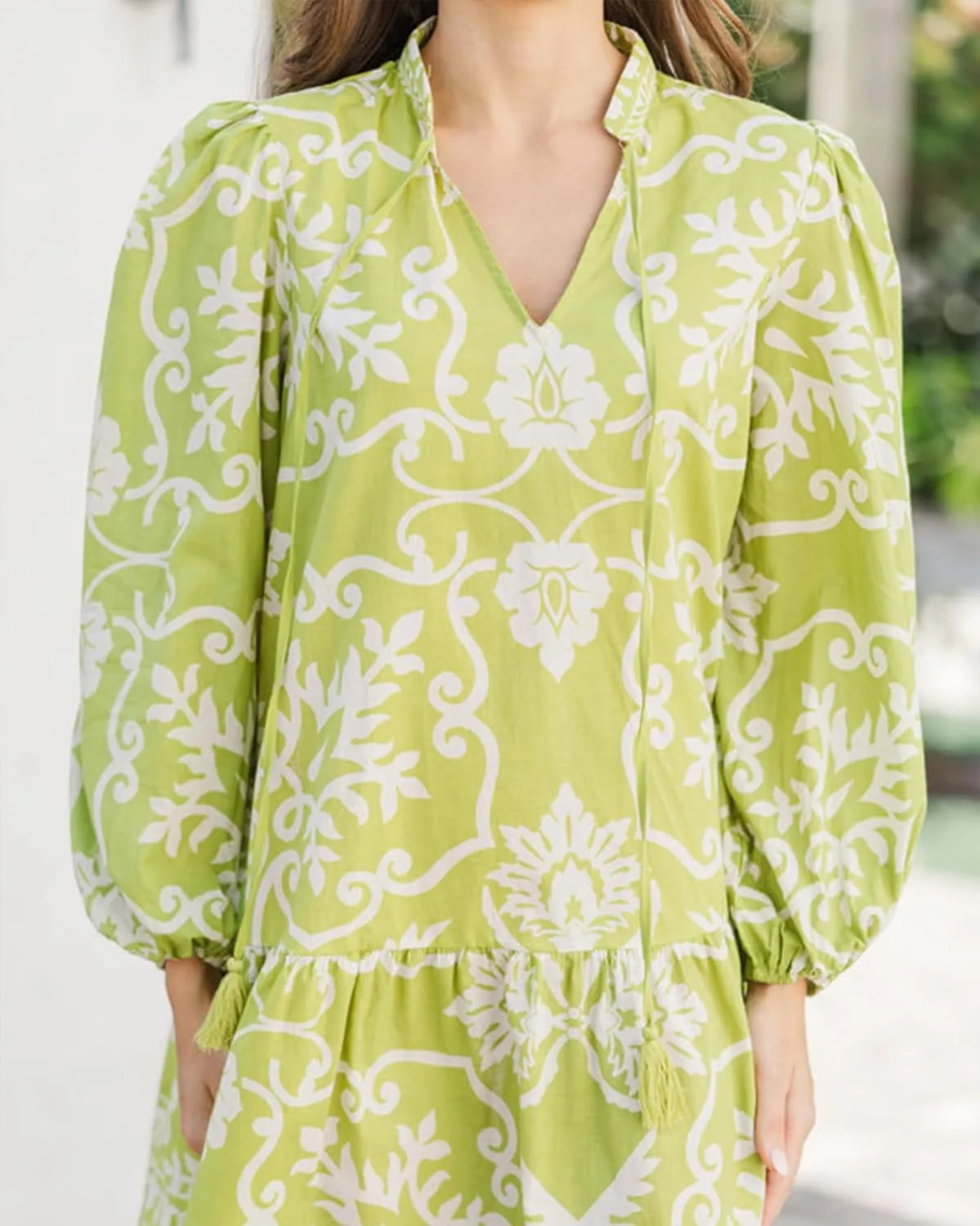 Women's Floral Mini Dress Puff Long Sleeve Ruffle Tie V-Neck A-Line Smocked Loose Fit Short Dress
