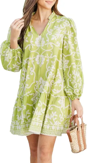 Women's Floral Mini Dress Puff Long Sleeve Ruffle Tie V-Neck A-Line Smocked Loose Fit Short Dress