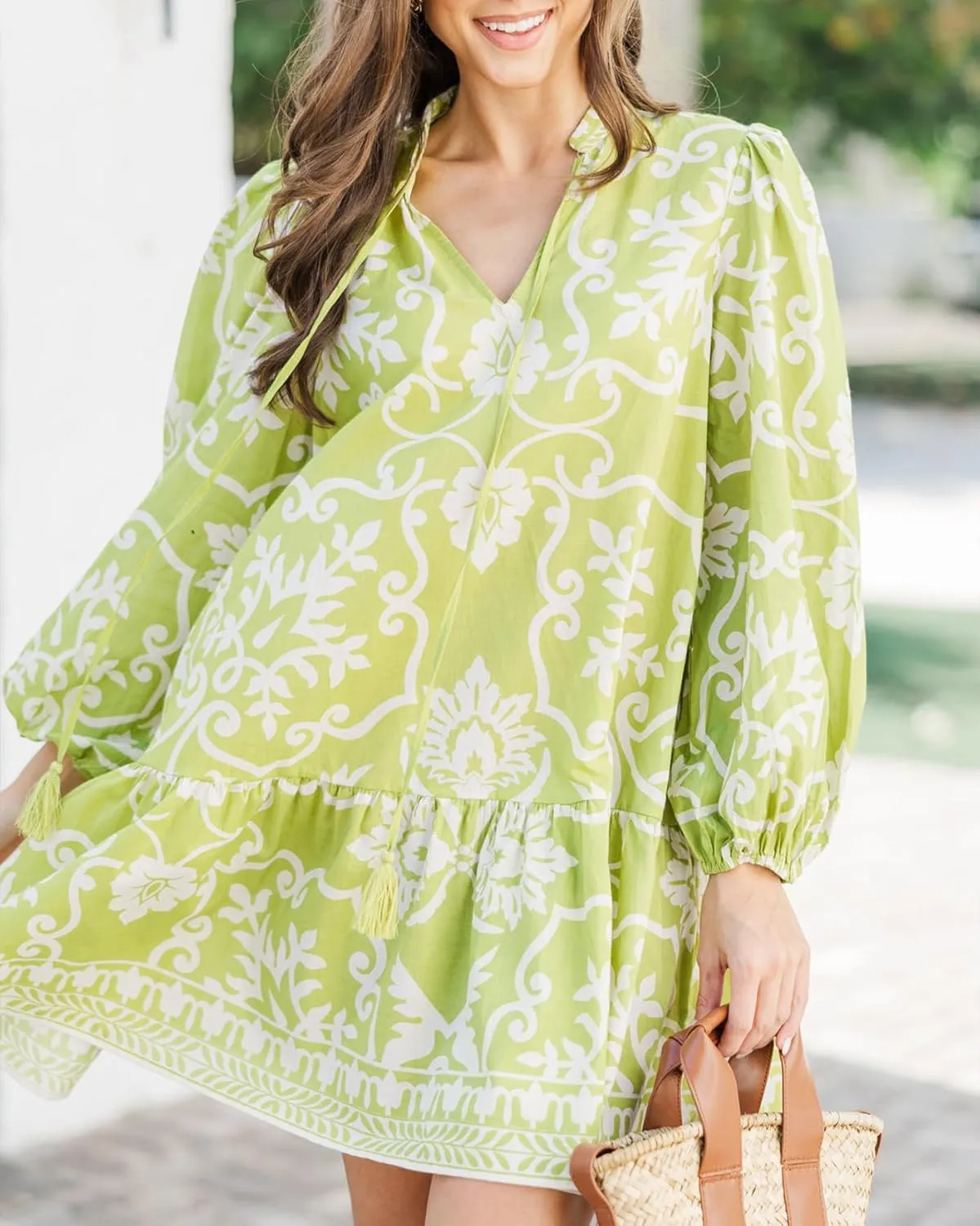 Women's Floral Mini Dress Puff Long Sleeve Ruffle Tie V-Neck A-Line Smocked Loose Fit Short Dress