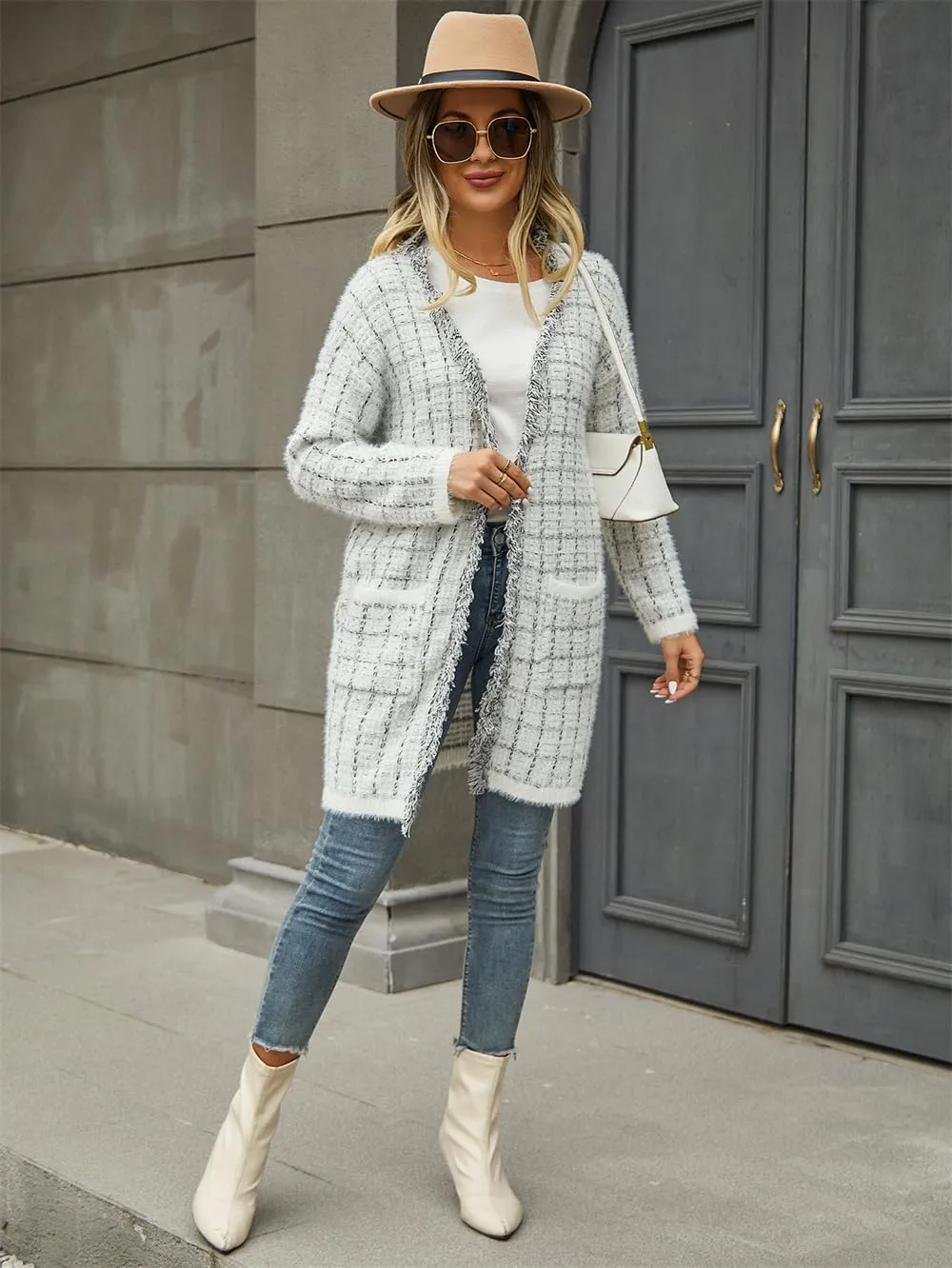 Women's Long Sleeves Open Front Casual Leopard Print Fuzzy Knitted Sweater Cardigan Coat Outwear