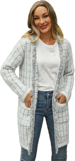 Women's Long Sleeves Open Front Casual Leopard Print Fuzzy Knitted Sweater Cardigan Coat Outwear