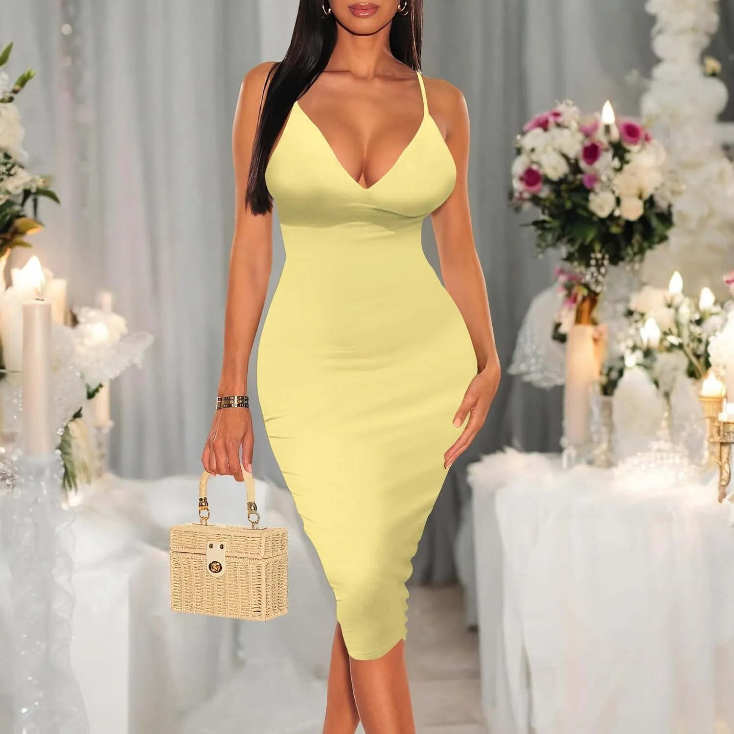 Women's Sexy V Neck Spaghetti Strap Sleeveless Casual Summer Wrap Ruched Side Slit Bodycon Cocktail Party Wedding Guest Dress