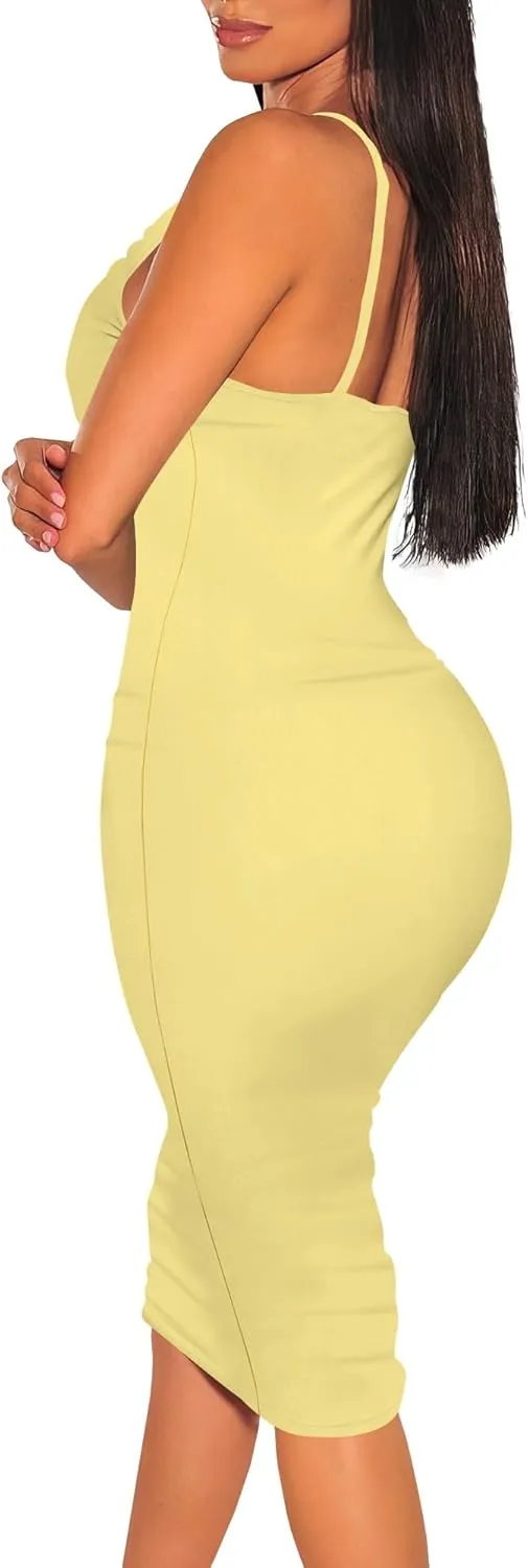 Women's Sexy V Neck Spaghetti Strap Sleeveless Casual Summer Wrap Ruched Side Slit Bodycon Cocktail Party Wedding Guest Dress