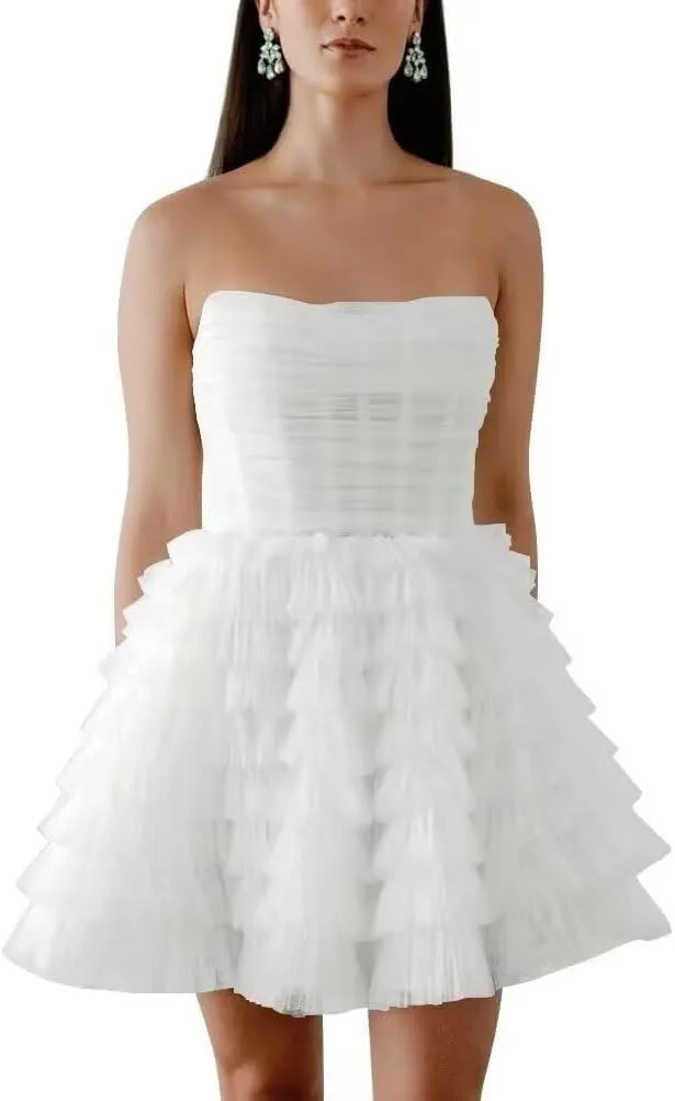 Womens Short Strapless Formal Wedding Party Evening Dress A-Line Tiered Cute Tulle Homecoming Dresses