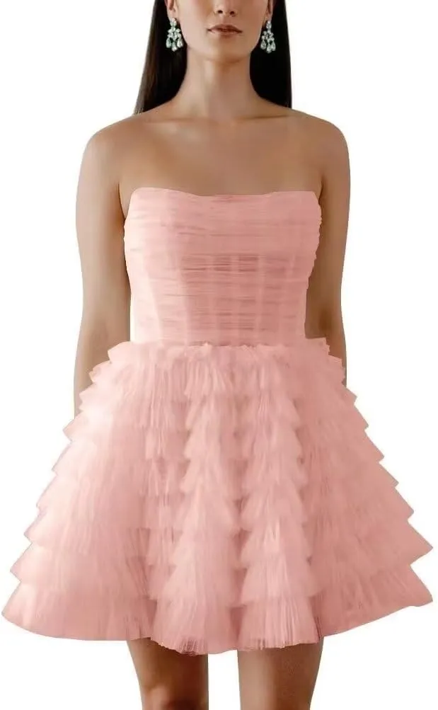 Womens Short Strapless Formal Wedding Party Evening Dress A-Line Tiered Cute Tulle Homecoming Dresses