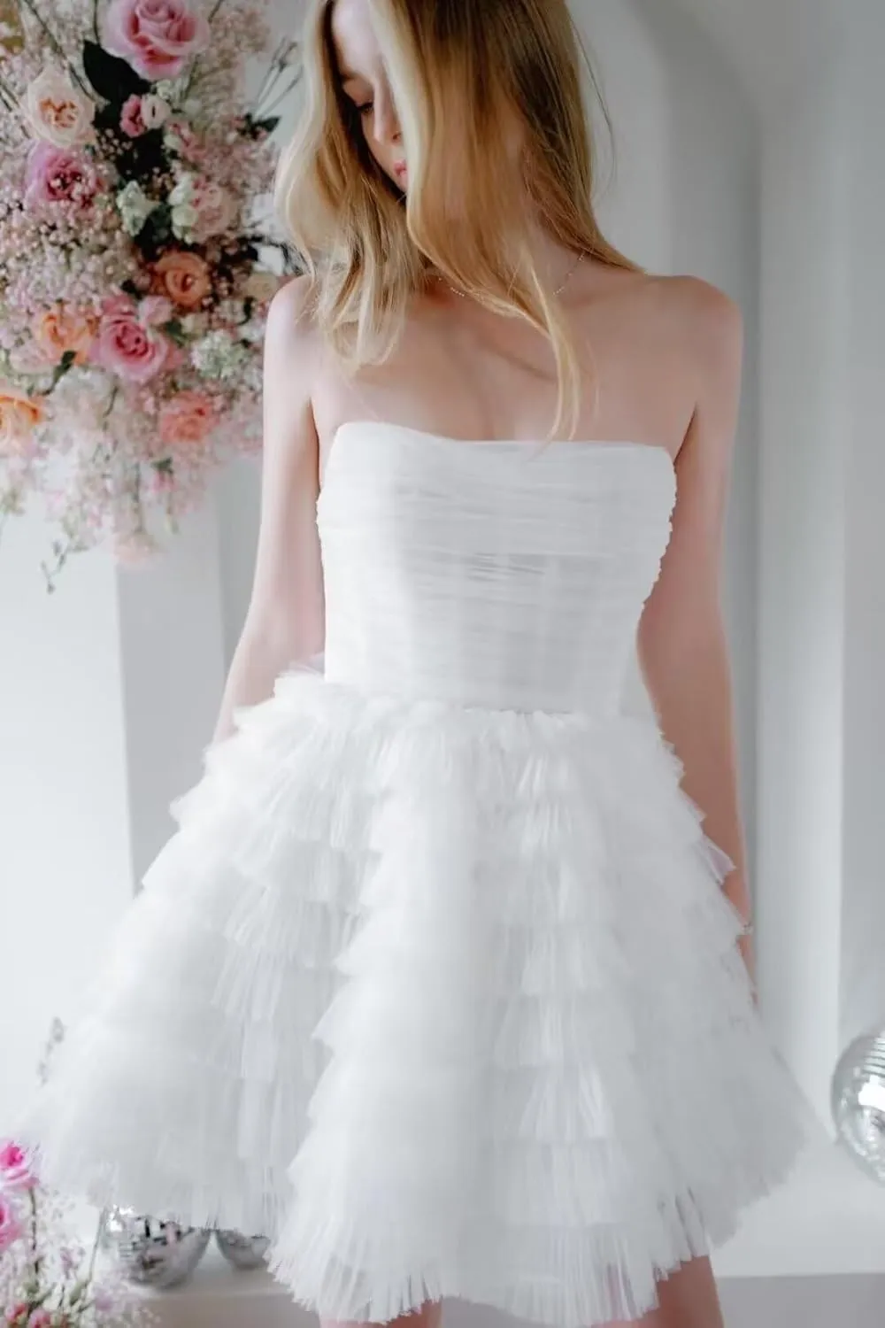 Womens Short Strapless Formal Wedding Party Evening Dress A-Line Tiered Cute Tulle Homecoming Dresses