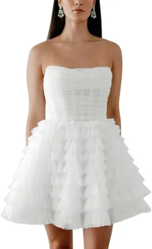 Womens Short Strapless Formal Wedding Party Evening Dress A-Line Tiered Cute Tulle Homecoming Dresses