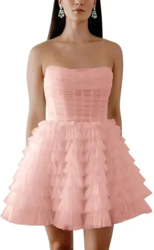 Womens Short Strapless Formal Wedding Party Evening Dress A-Line Tiered Cute Tulle Homecoming Dresses