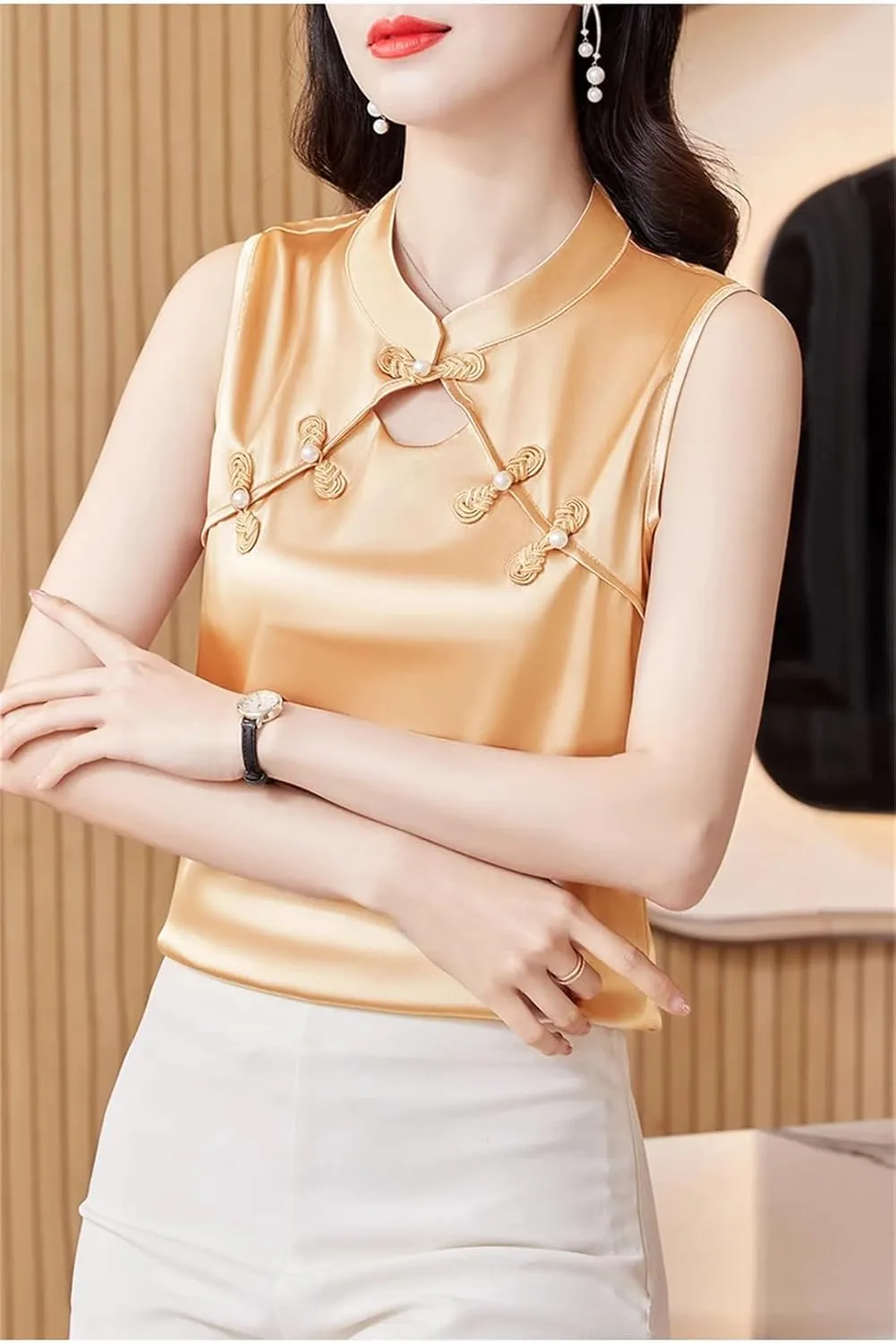 Women's Summer Camisole Vest Silk Satin Tank Tops Sleeveless Hollow Out Shirt