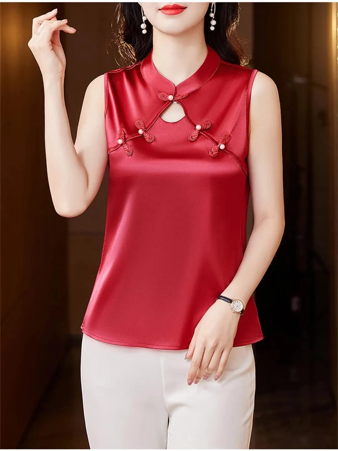 Women's Summer Camisole Vest Silk Satin Tank Tops Sleeveless Hollow Out Shirt