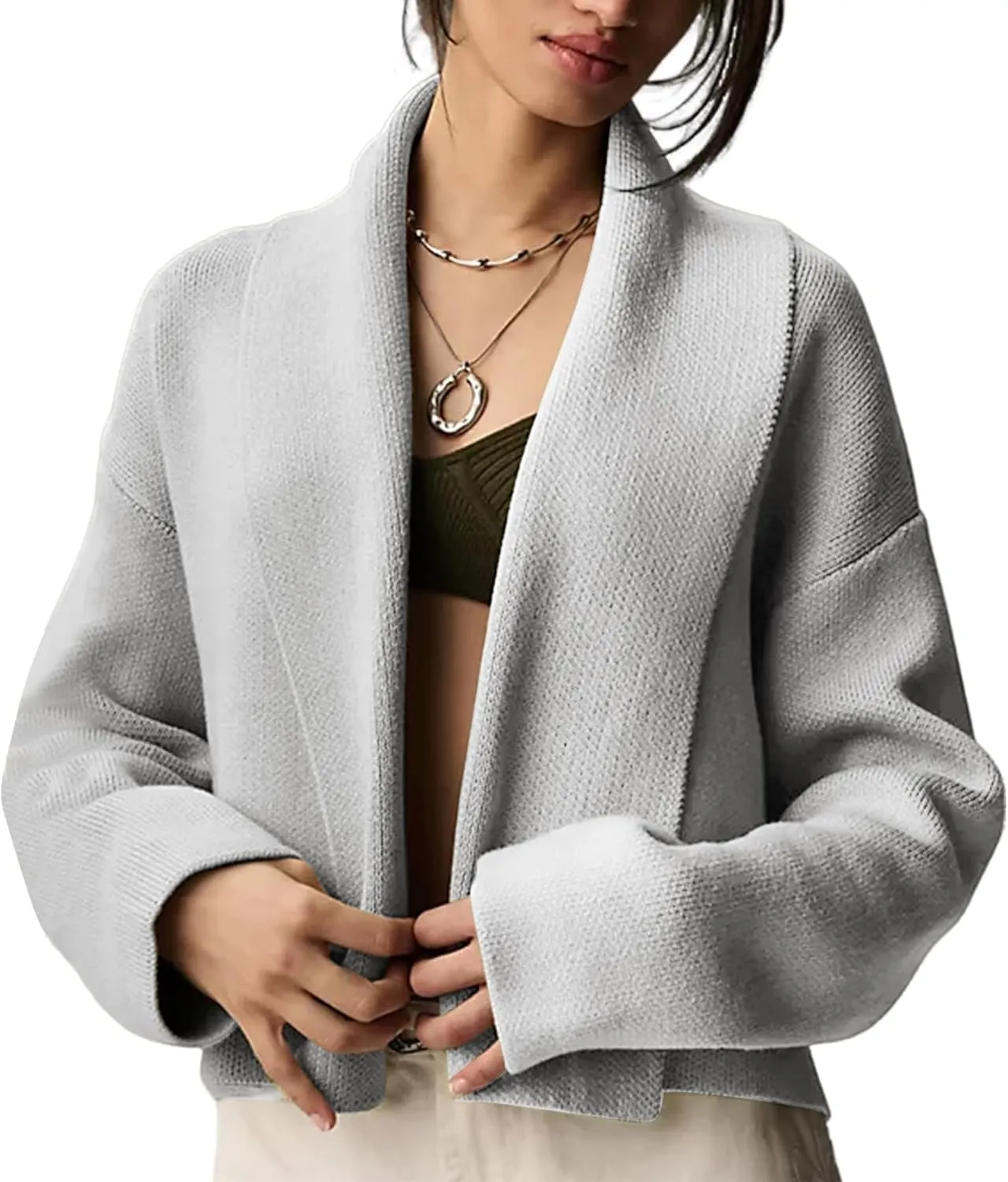 Yimoon Women's Cropped Cardigan Sweater Oversized Lapel Chunky Knit Coatigan Long Sleeve Open Front Sweater