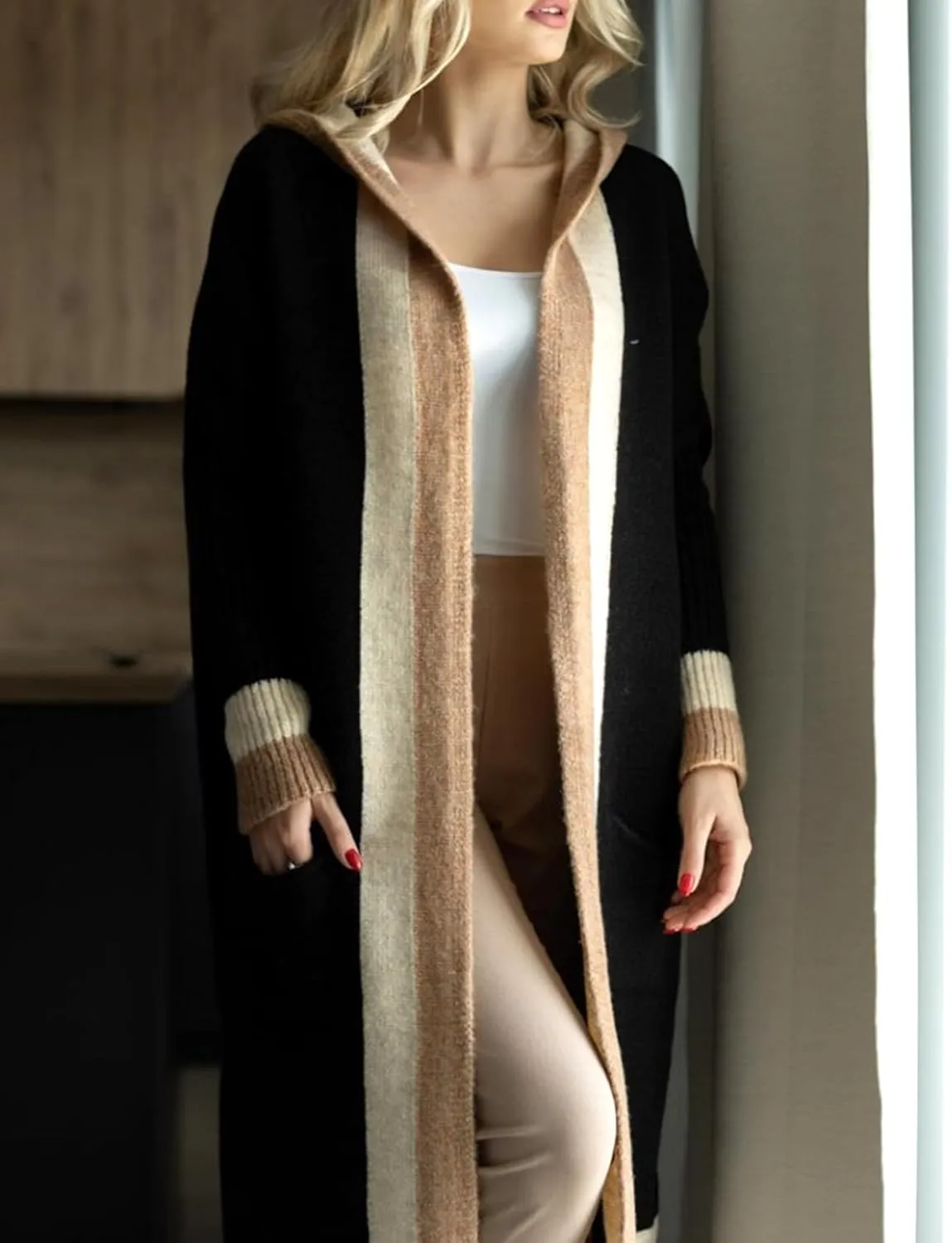 Yimoon Womens Long Cardigan Sweater Color Block Open Front Hooded Cardigan Oversized Knit Sweater Outwear
