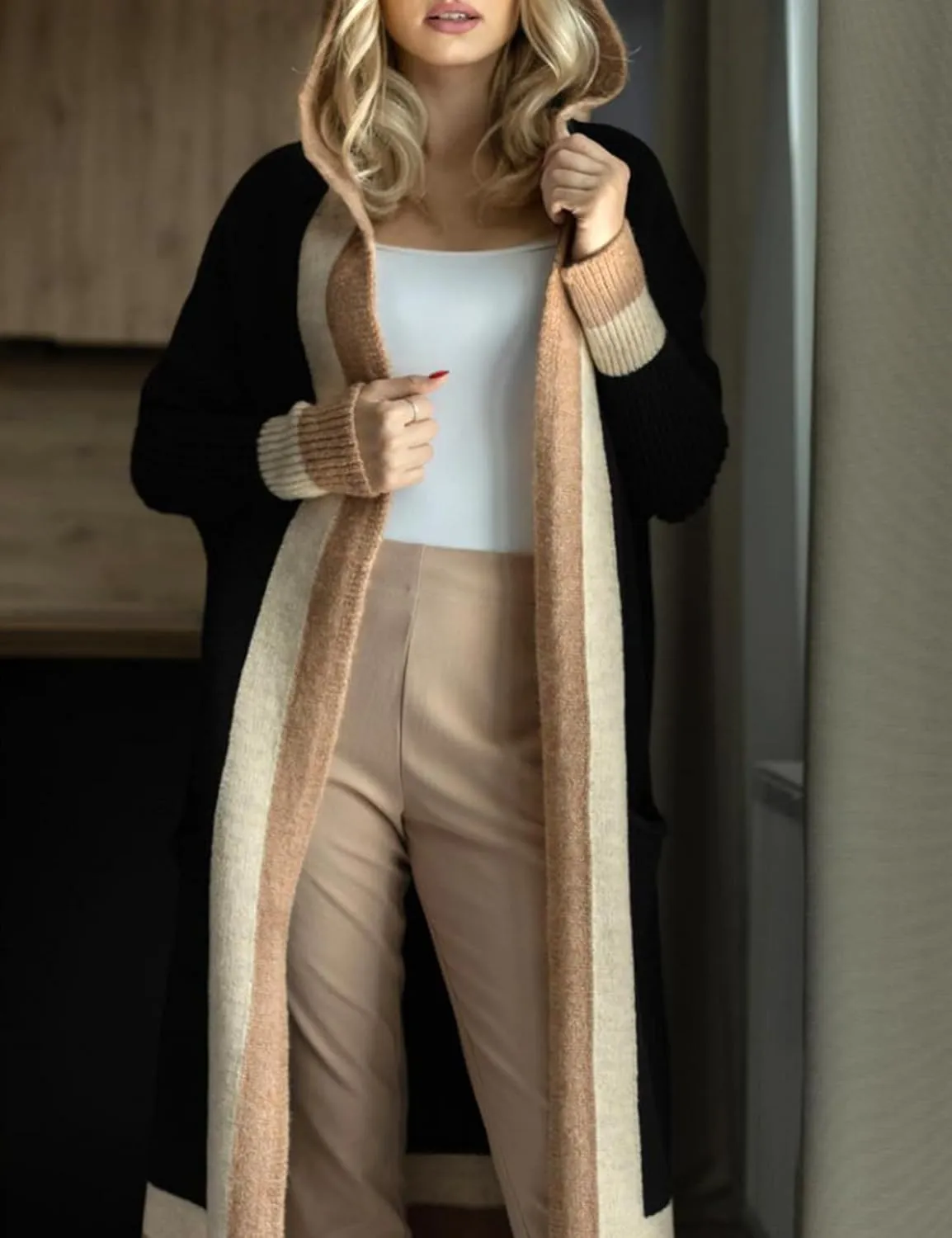 Yimoon Womens Long Cardigan Sweater Color Block Open Front Hooded Cardigan Oversized Knit Sweater Outwear