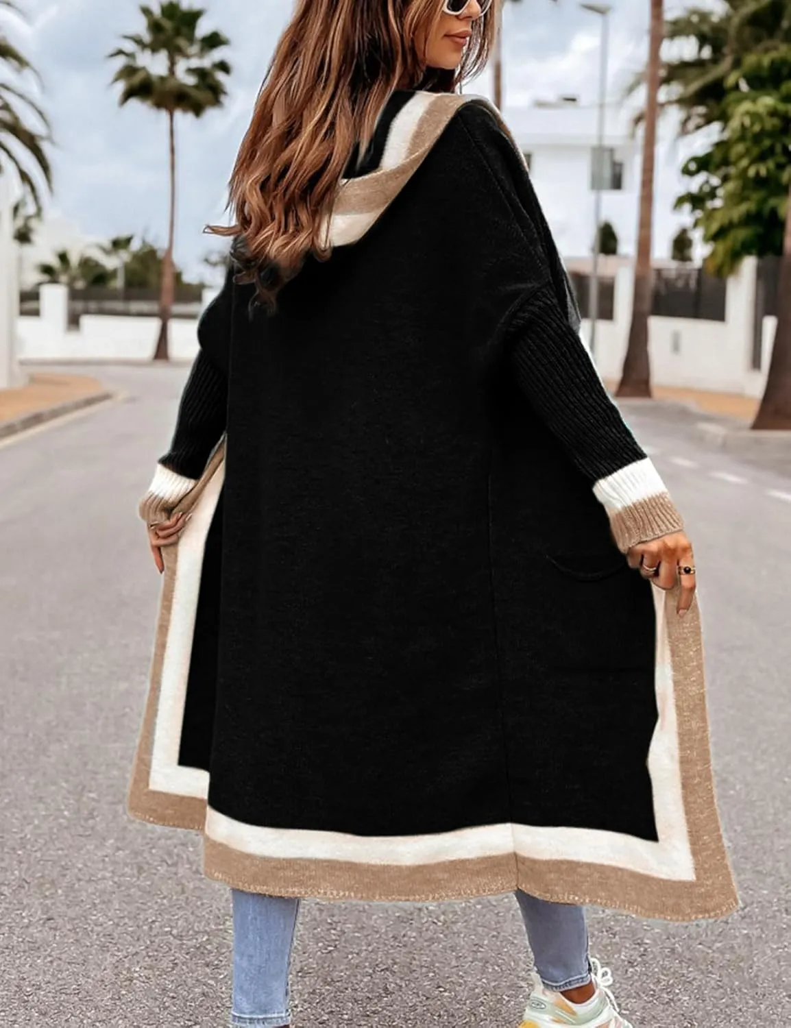 Yimoon Womens Long Cardigan Sweater Color Block Open Front Hooded Cardigan Oversized Knit Sweater Outwear