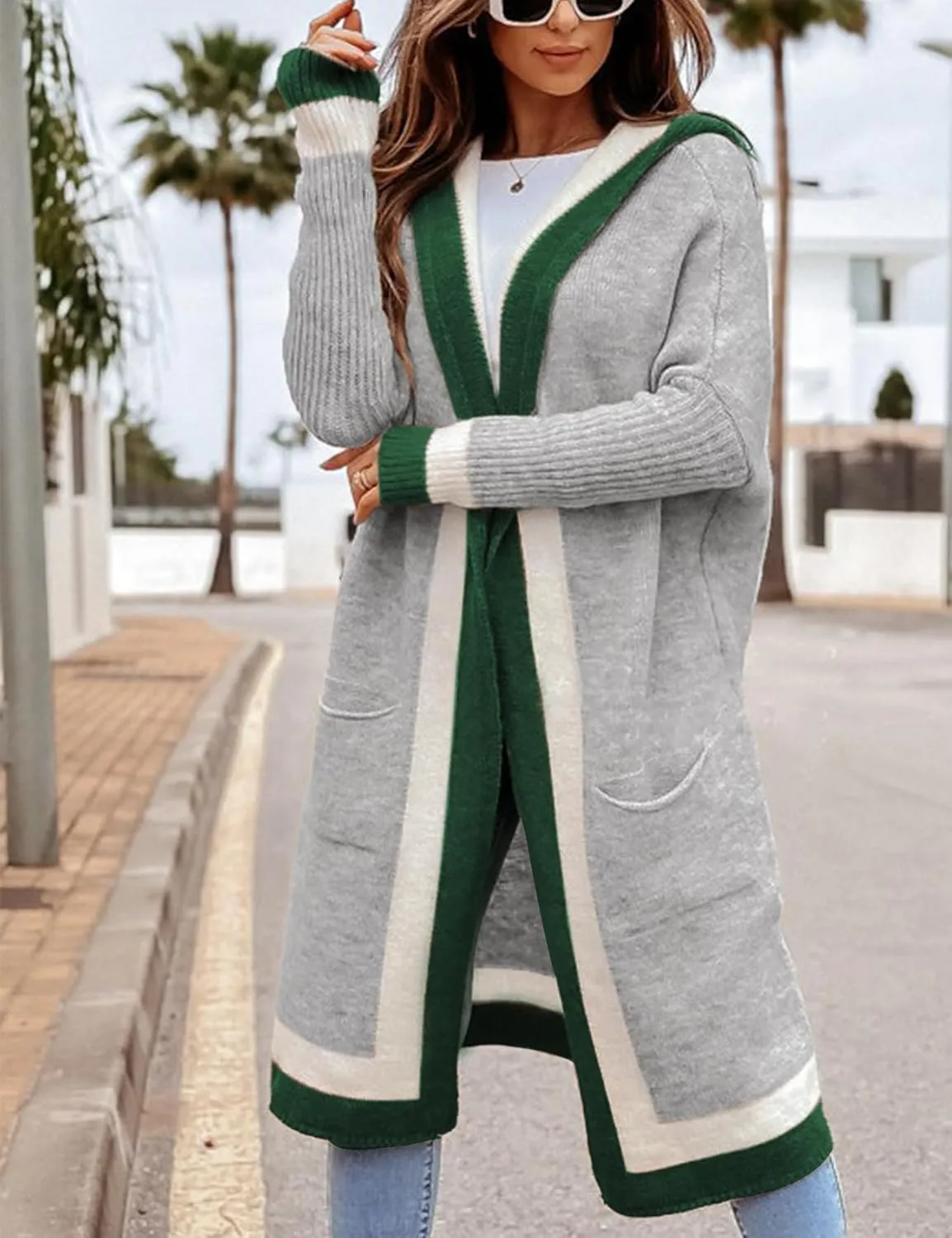 Yimoon Womens Long Cardigan Sweater Color Block Open Front Hooded Cardigan Oversized Knit Sweater Outwear