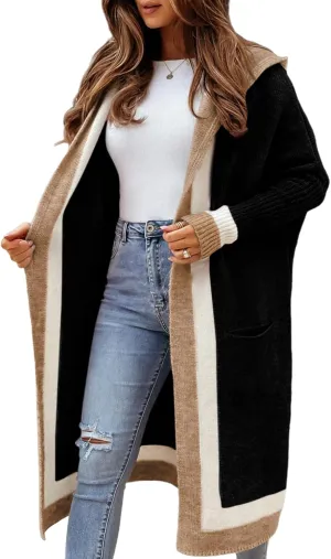 Yimoon Womens Long Cardigan Sweater Color Block Open Front Hooded Cardigan Oversized Knit Sweater Outwear