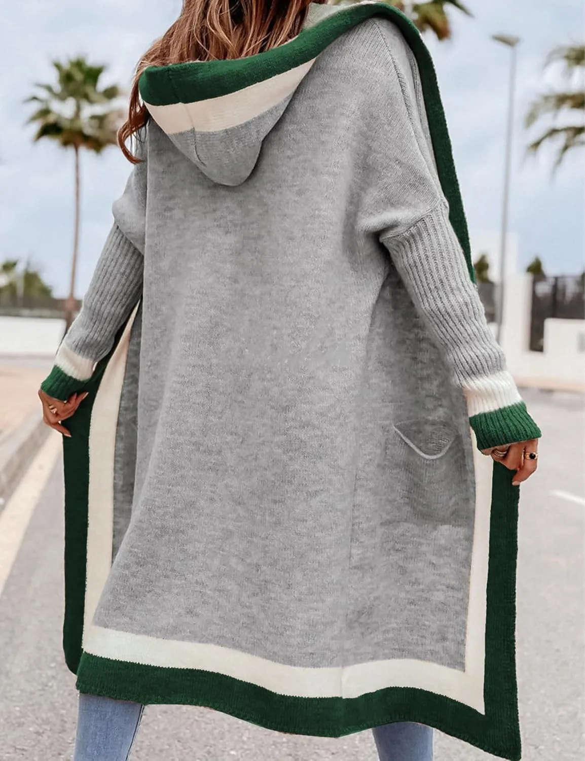 Yimoon Womens Long Cardigan Sweater Color Block Open Front Hooded Cardigan Oversized Knit Sweater Outwear