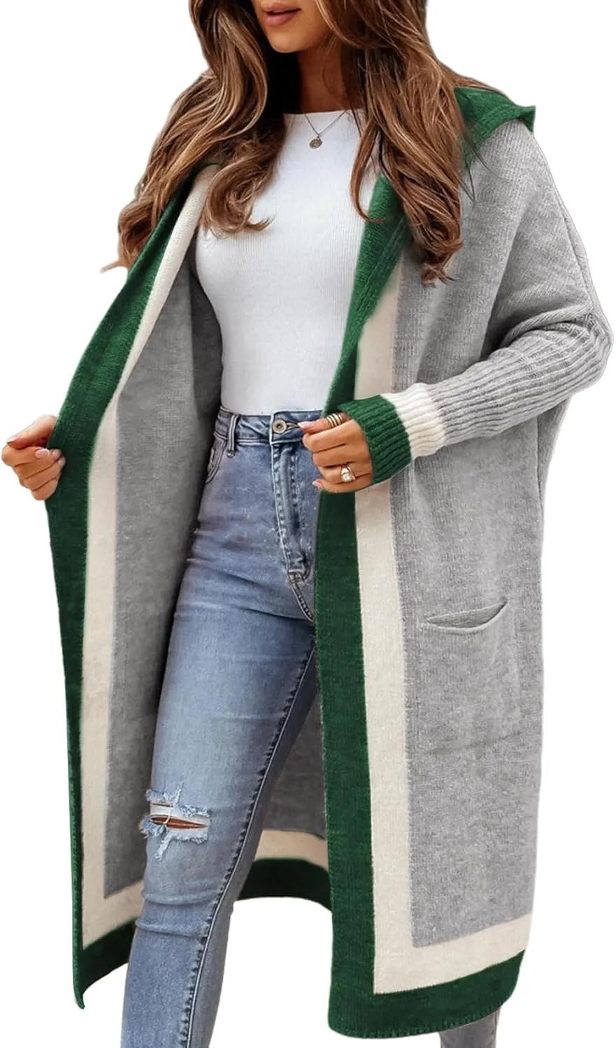 Yimoon Womens Long Cardigan Sweater Color Block Open Front Hooded Cardigan Oversized Knit Sweater Outwear