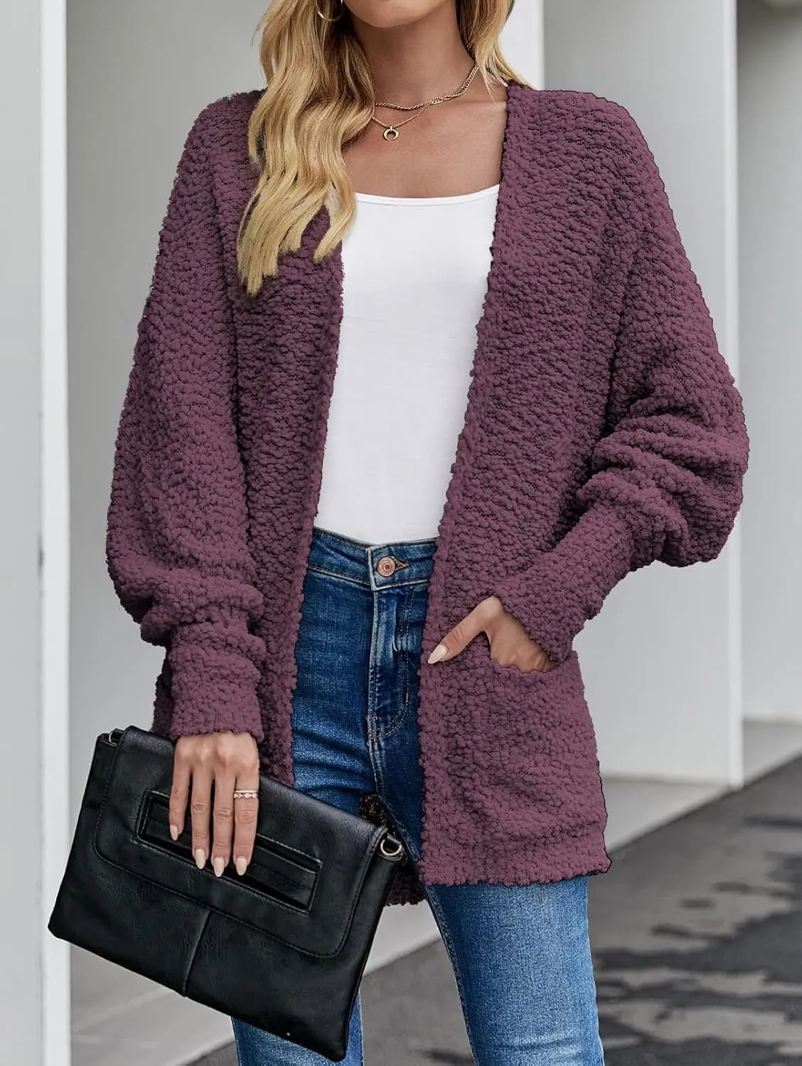 ZESICA Women's Fall Winter Popcorn Long Sleeve Open Front Chunky Knit Oversized Cardigan Sweater Coat