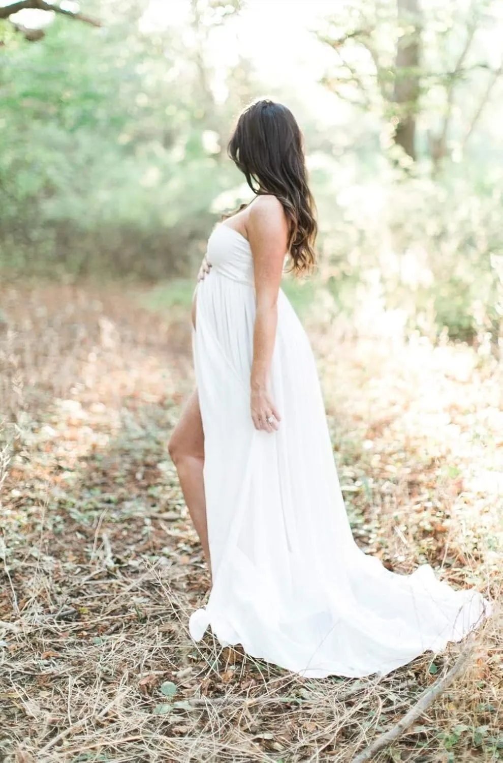 ZIUMUDY Maternity Chiffon Strapless Maxi Photography Dress Split Front Gown for Photoshoot