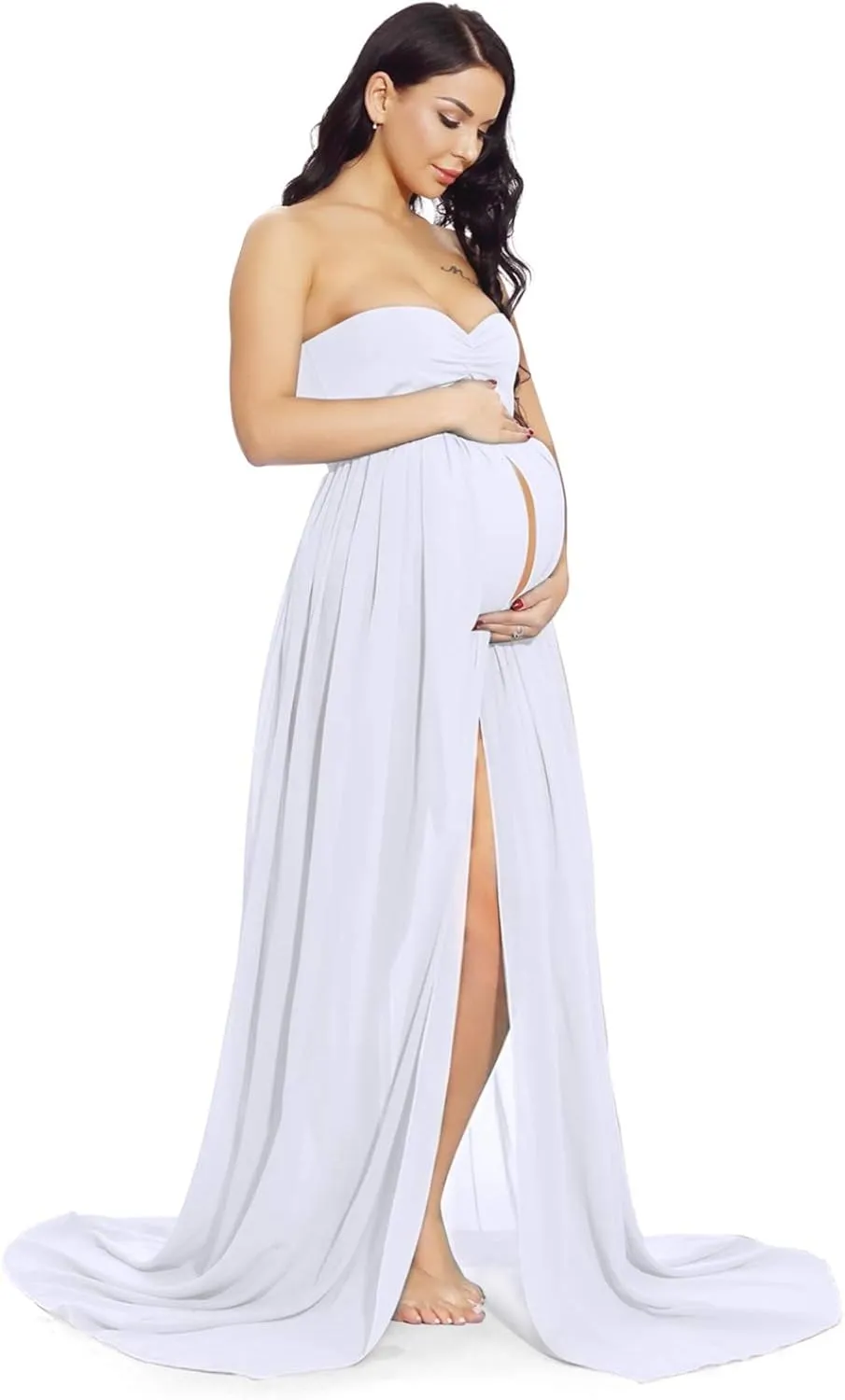 ZIUMUDY Maternity Chiffon Strapless Maxi Photography Dress Split Front Gown for Photoshoot