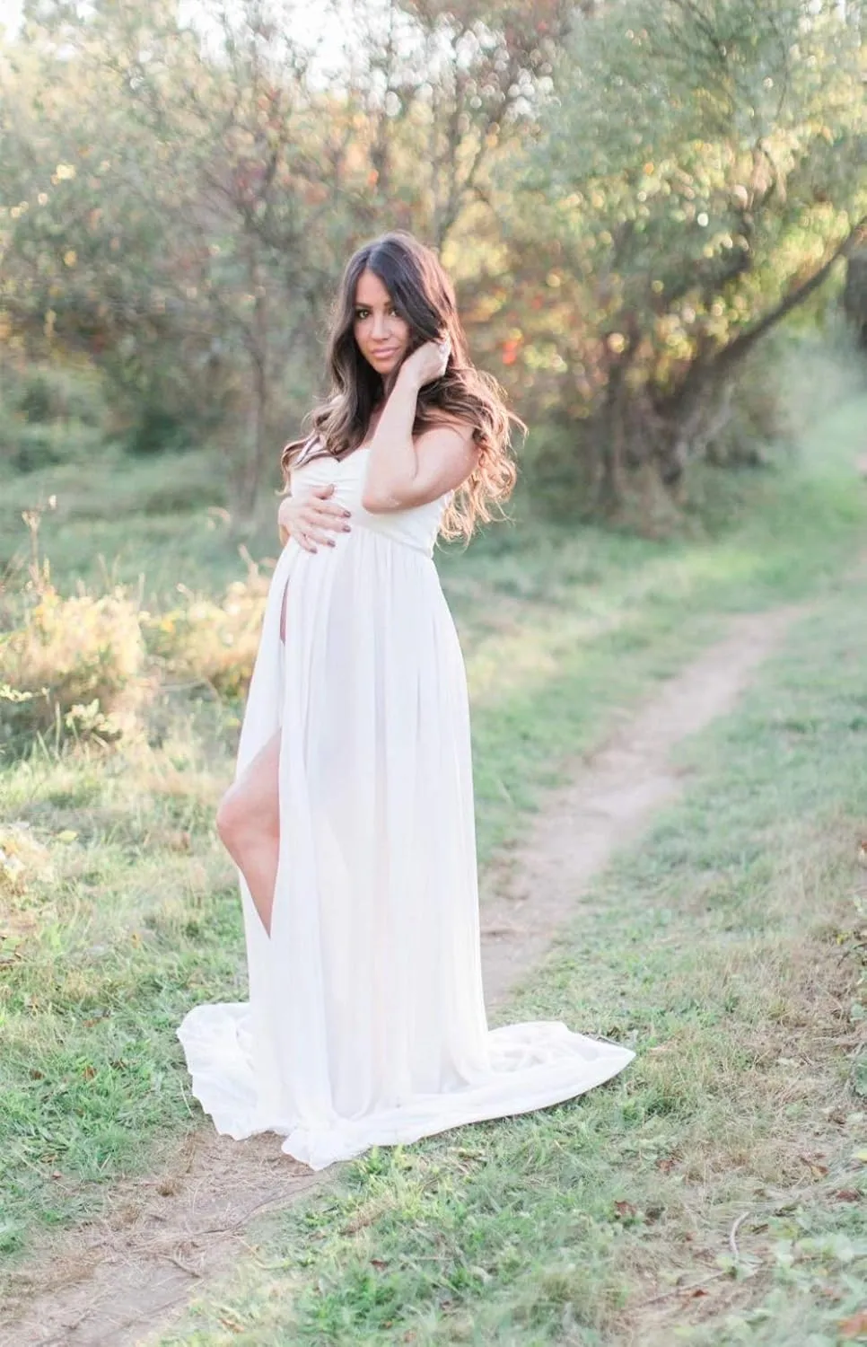 ZIUMUDY Maternity Chiffon Strapless Maxi Photography Dress Split Front Gown for Photoshoot