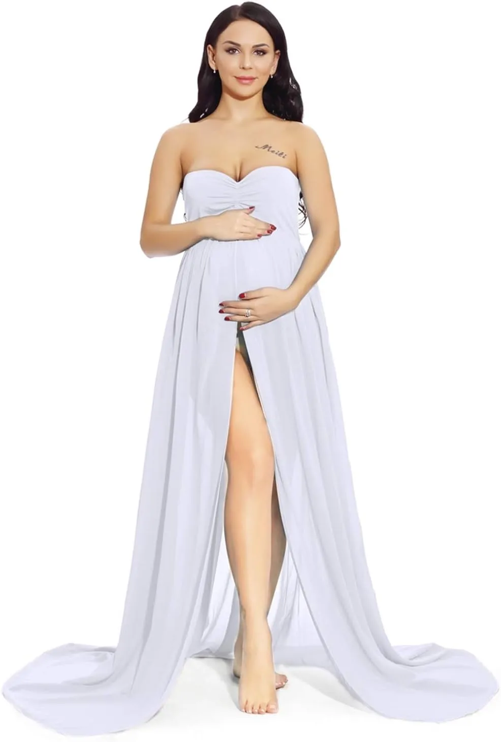 ZIUMUDY Maternity Chiffon Strapless Maxi Photography Dress Split Front Gown for Photoshoot