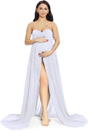 ZIUMUDY Maternity Chiffon Strapless Maxi Photography Dress Split Front Gown for Photoshoot